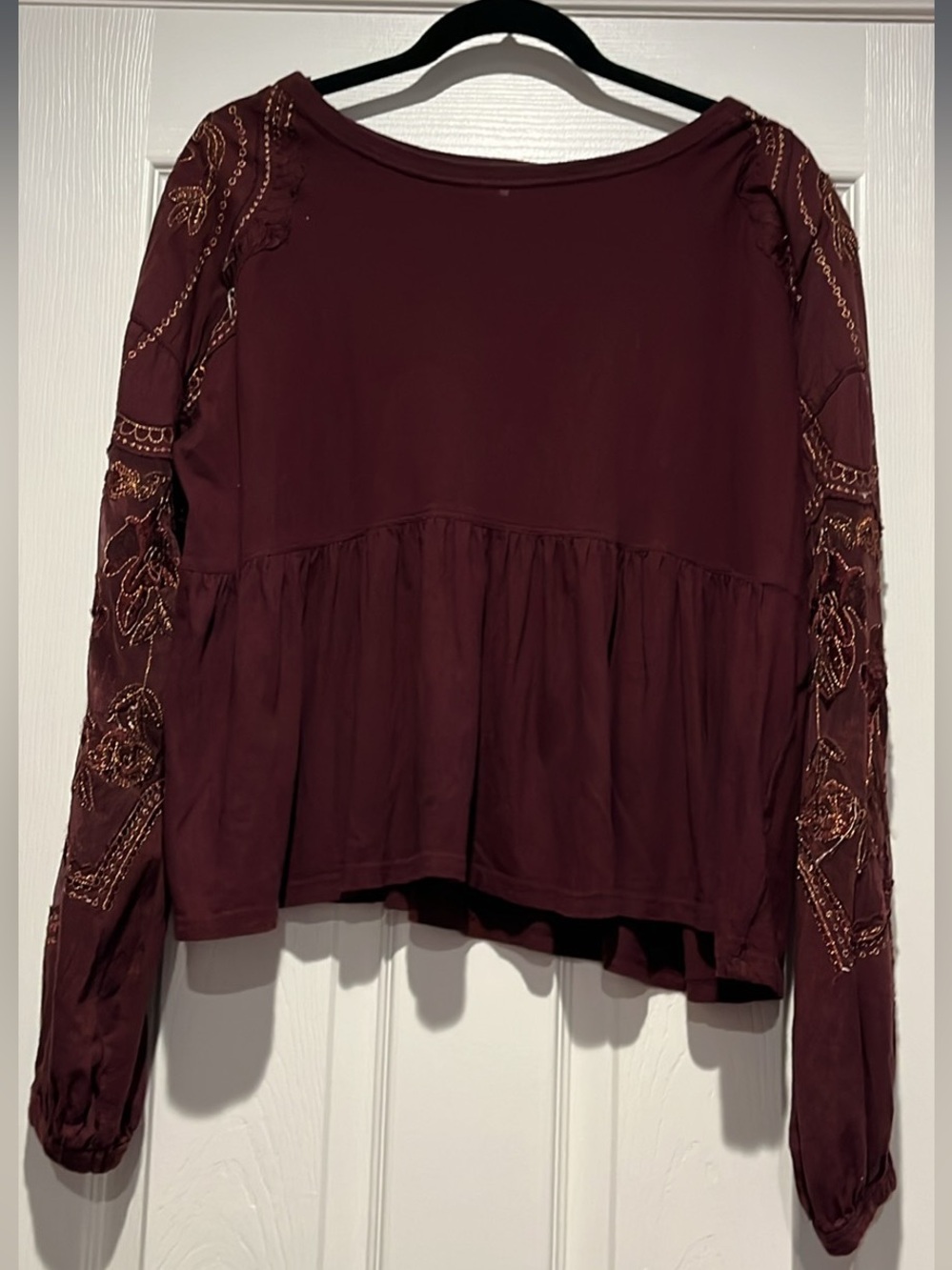 Women’s Long-Sleeve Peplum Top in Deep Burgundy: Free People, 100% cotton